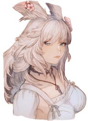 Rule 34 | 1girl, animal ears, blue eyes, breasts, choker, closed mouth, collarbone, face, final fantasy, final fantasy xiv, flower, hair flower, hair ornament, highres, jewelry, long hair, looking at viewer, maeka (kumaekake), medium breasts, necklace, profile, rabbit ears, solo, viera, warrior of light (ff14), white background, white hair