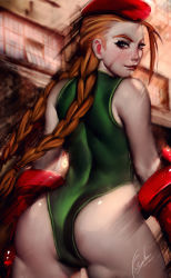 Rule 34 | 1girl, ahoge, ass, beret, blonde hair, blue eyes, braid, cammy white, from behind, hat, highres, leotard, long hair, orion-m, sleeveless, smile, solo, street fighter, twin braids
