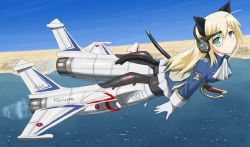 Rule 34 | 1girl, aircraft, airplane, animal ears, bad id, bad pixiv id, blonde hair, cat ears, cat tail, dakku (ogitsune), dassault rafale, fighter jet, gloves, head-mounted display, headphones, jet, mecha musume, military, military uniform, military vehicle, ocean, original, pantyhose, scouter, solo, strike witches, strike witches 1991, sword, tail, uniform, weapon, world witches series