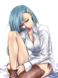 Rule 34 | 1girl, bed sheet, blue eyes, brown thighhighs, closed mouth, collared shirt, dressing, hair ornament, hairclip, ishii hisao, kantai collection, knee up, long hair, looking down, panties, partially unbuttoned, phone, pink panties, shirt, side-tie panties, simple background, sitting, smile, solo, suzuya (kancolle), thighhighs, underwear, white background, white shirt, wing collar