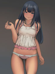 Rule 34 | 1girl, black eyes, black hair, bow, bow panties, camisole, frilled camisole, frills, highres, looking at viewer, naughty face, original, panties, smile, solo, standing, striped clothes, striped panties, underwear, wavy mouth, yubata