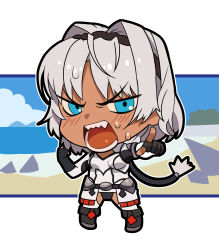 Rule 34 | 1girl, angry, beppu mitsunaka, black footwear, black hairband, black panties, blue eyes, blush, boots, border, breasts, caenis (fate), chibi, commentary request, crotchless, crotchless pants, dark-skinned female, dark skin, fate/grand order, fate (series), fingerless gloves, full body, gloves, hair intakes, hairband, long hair, long sleeves, looking at viewer, medium breasts, open mouth, panties, pants, pointing, pointing at viewer, ponytail, sharp teeth, shirt, sidelocks, solo, standing, sweatdrop, teeth, thigh boots, thighhighs, underwear, very long hair, white border, white hair, white pants, white shirt