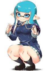 Rule 34 | 1girl, aqua eyes, black footwear, black socks, blue eyes, blue hoodie, blunt bangs, blunt ends, closed mouth, collared shirt, commentary, drawstring, eyebrows, full body, gradient hair, green shirt, highres, hood, hood down, hoodie, inkling, inkling girl, inkling player character, loafers, long hair, long sleeves, looking at viewer, mask, multicolored hair, nintendo, no pants, penguin maru (penginmaru), pointy ears, shirt, shoes, simple background, smile, socks, solo, squatting, striped clothes, striped shirt, tentacle hair, thighs, vertical-striped clothes, vertical-striped shirt, white background