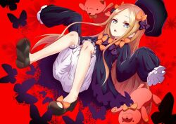 Rule 34 | 1girl, abigail williams (fate), black footwear, blonde hair, bloomers, blue eyes, bow, bug, butterfly, fate/grand order, fate (series), hair bow, hat, insect, looking at viewer, multiple hair bows, orange bow, polka dot, polka dot bow, red background, robisonjr, sleeves past fingers, sleeves past wrists, solo, stuffed animal, stuffed toy, teddy bear, underwear, white bloomers