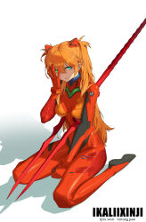 Rule 34 | 1girl, absurdres, blue eyes, bodysuit, breasts, clenched teeth, disgust, full body, green eyes, hair between eyes, hair ornament, heterochromia, highres, interface headset, lance, lance of longinus (evangelion), long hair, looking at viewer, medium breasts, multicolored clothes, narrow waist, neon genesis evangelion, orange hair, pilot suit, plugsuit, polearm, rebuild of evangelion, red bodysuit, shaded face, shiny clothes, sitting, skin tight, solo, souryuu asuka langley, surreal, teeth, thighs, tsundere, two side up, weapon, wide hips