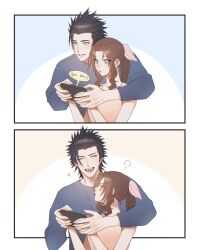 Rule 34 | 1boy, 1girl, absurdres, aerith gainsborough, arm around neck, black hair, blue eyes, braid, braided ponytail, brown hair, casual, closed eyes, commentary, cross scar, facial scar, final fantasy, final fantasy vii, green eyes, hair pulled back, hair ribbon, handheld game console, height difference, highres, holding, holding handheld game console, laughing, long hair, long sleeves, montaro, open mouth, parted bangs, parted lips, pink ribbon, ribbon, scar, scar on cheek, scar on face, shirt, sleeveless, sleeveless shirt, spiked hair, sweatdrop, symbol-only commentary, tongue, tongue out, upper body, zack fair