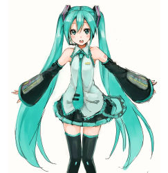 Rule 34 | 1girl, aqua eyes, aqua hair, blush, detached sleeves, green eyes, green hair, hatsune miku, highres, kirisawa saki, long hair, looking at viewer, matching hair/eyes, open mouth, outstretched arms, simple background, skirt, solo, twintails, very long hair, vocaloid, white background