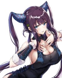Rule 34 | 1girl, bare shoulders, black dress, blunt bangs, blush, breasts, china dress, chinese clothes, cleavage, closed mouth, detached sleeves, dress, fate/grand order, fate (series), ha9na, hair ornament, hands on own chest, large breasts, leaf hair ornament, long hair, looking at viewer, purple hair, sideboob, sidelocks, simple background, smile, solo, tongue, tongue out, twintails, very long hair, white background, yang guifei (fate), yang guifei (second ascension) (fate)