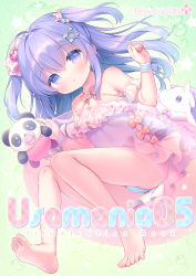 Rule 34 | 1girl, bare legs, barefoot, blue eyes, blue hair, blue one-piece swimsuit, blush, casual one-piece swimsuit, commentary, cover, cover page, frilled one-piece swimsuit, frilled swimsuit, frills, green background, hair between eyes, highres, innertube, knees together feet apart, long hair, looking at viewer, one-piece swimsuit, original, pacifier, parted lips, solo, stuffed animal, stuffed panda, stuffed toy, stuffed unicorn, swim ring, swimsuit, symbol-only commentary, transparent, two side up, usashiro mani, very long hair, wrist cuffs