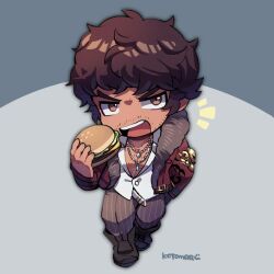 Rule 34 | 1boy, belt, black footwear, brown eyes, brown hair, burger, chest hair, chibi, coat, commentary, commission, english commentary, facial hair, food, full body, grey background, holding, holding burger, holding food, imminent bite, kotorai, looking at viewer, male focus, miguel caballero rojo, multiple necklaces, mustache stubble, no nose, open mouth, pants, pectoral cleavage, pectorals, red coat, shirt, short hair, signature, skeb commission, solo, sparse stubble, striped clothes, striped pants, stubble, tan, teeth, tekken, upper teeth only, white shirt