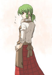 Rule 34 | 1girl, alternate hairstyle, apron, dress shirt, female focus, from behind, green hair, hand on own hip, hand on own chin, kazami yuuka, pink background, plaid, plaid skirt, ponytail, red eyes, shirt, short hair, skirt, solo, thinking, torinone, touhou