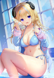 1girl :d ahoge animal_ears bikini blonde_hair blue_bikini blue_hair blue_jacket braid breasts cleavage commentary_request day double-parted_bangs hair_between_eyes hair_ornament hairclip hands_up highres hololive horns indoors jacket large_breasts long_hair looking_at_viewer multicolored_hair navel open_clothes open_jacket open_mouth pink_jacket poolside purple_eyes sheep_ears sheep_girl sheep_horns side-tie_bikini_bottom side_braid sitting smile solo stomach streaked_hair swimsuit tsunomaki_watame two-sided_fabric two-sided_jacket umitonakai virtual_youtuber window