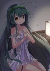 Rule 34 | 1girl, ahoge, blush, breasts, brown eyes, commentary request, dress, flying sweatdrops, frilled dress, frills, green hairband, greyscale, hair between eyes, hairband, hands up, highres, holding, indoors, lantern, long hair, looking at viewer, medium breasts, monochrome, nose blush, parted lips, ryogo, sitting, sleeveless, sleeveless dress, smile, solo, strap slip, sweat, touhoku zunko, very long hair, voiceroid, white dress