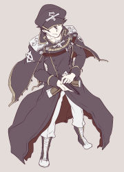 Rule 34 | 1boy, black cape, black coat, black footwear, black hair, black hat, boots, brown background, buttons, cape, closed mouth, coat, commentary request, double-breasted, emblem, epaulettes, flat color, full body, gun, hair between eyes, handgun, hat, highres, holding, holding gun, holding weapon, male focus, mit (necomit), pants, peaked cap, pistol, ragnarok online, rebellion (ragnarok online), red cape, short hair, simple background, smile, solo, standing, two-sided cape, two-sided fabric, weapon, white pants