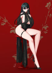 Rule 34 | 1girl, black dress, black gloves, black hair, breasts, china dress, chinese clothes, classy-black-haired girl (hayabusa), closed mouth, clothing cutout, commentary, covered navel, curvy, dress, elbow gloves, full body, gloves, hayabusa, high heels, highres, large breasts, legs, long hair, original, pelvic curtain, purple eyes, red background, short dress, sleeveless, sleeveless dress, smile, solo, straight hair, symbol-only commentary, thick thighs, thighs, underboob, underboob cutout