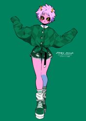 Rule 34 | 1girl, absurdres, alternate costume, anna (aannnaa3), argyle cardigan, argyle clothes, ashido mina, bare legs, black sclera, blush, boku no hero academia, buttons, cardigan, character name, collared shirt, colored sclera, colored skin, commentary, copyright name, full body, green background, green cardigan, green footwear, green shorts, hands up, highres, horns, looking to the side, open mouth, pink hair, pink skin, shirt, shoes, short hair, shorts, simple background, sleeves past fingers, sleeves past wrists, sneakers, socks, solo, standing, white socks, yellow eyes, yellow horns