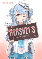 Rule 34 | 1girl, aqua neckerchief, black ribbon, blue hair, blue sailor collar, blue skirt, brown eyes, candy, chocolate, chocolate bar, commentary request, cowboy shot, dixie cup hat, double bun, english text, enjaku izuku, food, hair bun, hat, hat ribbon, hershey&#039;s, highres, kantai collection, long sleeves, military hat, neckerchief, oversized object, pleated skirt, ribbon, sailor collar, samuel b. roberts (kancolle), school uniform, serafuku, shirt, short hair, skirt, sleeve cuffs, solo, tongue, tongue out, twintails, valentine, white hat, white shirt