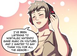 Rule 34 | 1boy, blush, blush stickers, closed eyes, collarbone, comic, english text, headphones, highres, hinghoi, jacket, male focus, merryweather, open mouth, original, smile, solo, speech bubble, upper body