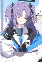 Rule 34 | 1girl, black gloves, blue archive, blue necktie, breasts, closed eyes, closed mouth, collared shirt, cup, eighth note, formal, gloves, halo, highres, holding, holding cup, id card, jacket, large breasts, long hair, long sleeves, mechanical halo, musical note, necktie, paper, purple hair, reia 76, shirt, sixteenth note, smile, solo, suit, two-sided fabric, two-sided jacket, two side up, upper body, white jacket, white shirt, yuuka (blue archive)