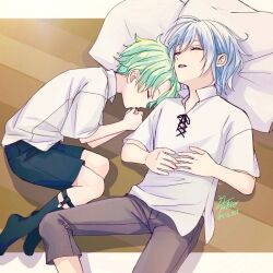 Rule 34 | 2boys, aged down, black shorts, black socks, brown pants, closed eyes, commentary request, feet out of frame, fetal position, full body, green hair, grey hair, hands on own chest, letterboxed, male focus, multiple boys, no shoes, okurabaakaa, pants, parted lips, pillow, sebek zigvolt, shirt, shorts, signature, silver (twisted wonderland), sleeping, socks, twisted wonderland, twitter username, white shirt, wooden floor