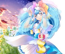Rule 34 | 1girl, arms up, blue eyes, blue hair, bracelet, closed mouth, cowboy shot, cure ange, cure ange (cheerful style), dress, earrings, flower, highres, hugtto! precure, jewelry, layered dress, long hair, long sleeves, looking at viewer, precure, see-through, short dress, smile, solo, standing, very long hair, white dress, white flower, yakushiji saaya, yellow flower, yuutarou (fukiiincho)
