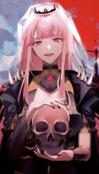 Rule 34 | 1girl, abstract background, absurdres, amn ic01, armlet, black dress, black nails, blunt bangs, bracer, breasts, detached sleeves, dress, eyelashes, fangs, fingernails, hair over shoulder, highres, holding, holding skull, hololive, hololive english, large breasts, long hair, looking at viewer, mori calliope, mori calliope (1st costume), nail polish, open mouth, pink eyes, pink hair, sidelocks, single detached sleeve, skull, smile, solo, spiked hood, straight hair, teeth, tiara, upper body, veil, virtual youtuber