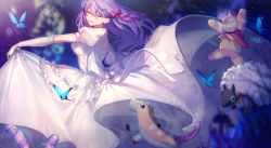 Rule 34 | 1girl, bow, bug, butterfly, commentary request, dress, elbow gloves, closed eyes, fate/stay night, fate (series), gloves, hair ribbon, heaven&#039;s feel, highres, insect, matou sakura, mebaru, official alternate costume, puffy short sleeves, puffy sleeves, purple hair, red ribbon, ribbon, sheep, short sleeves, smile, snake, stuffed animal, stuffed toy, toy horse, white dress, white gloves