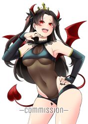 Rule 34 | 1girl, absurdres, armpits, breasts, bridal gauntlets, commission, covered navel, cowboy shot, demon girl, demon horns, demon tail, demon wings, fangs, fate/grand order, fate (series), heart, heart tattoo, highres, horns, ishtar (fate), large breasts, leotard, looking at viewer, nail polish, open mouth, red eyes, saltnvalk, simple background, solo, tail, tattoo, teeth, tongue, white background, wings