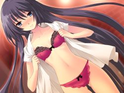 Rule 34 | 1girl, black hair, blue eyes, blush, bow, bow bra, bow panties, bra, flyable heart, game cg, highres, ito noizi, lingerie, long hair, open clothes, open shirt, panties, red bra, red panties, shirasagi mayuri, shirt, solo, underwear, undressing, very long hair
