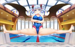 Rule 34 | 1girl, absurdres, bare arms, bare legs, bare shoulders, barefoot, blue eyes, blue one-piece swimsuit, blush, breasts, cameltoe, competition swimsuit, crossed arms, demon girl, demon wings, drill hair, feet, flexible, full body, hair ribbon, heart, heart-shaped pupils, highleg, highleg swimsuit, highres, horns, indoors, large breasts, long hair, looking at viewer, niliu chahui, one-piece swimsuit, original, pool, poolside, red ribbon, ribbon, shione (niliu chahui), silver hair, skin tight, skindentation, smile, solo, spread legs, starting block, swimsuit, symbol-shaped pupils, thighs, twin drills, twintails, water, wet, wet clothes, wet swimsuit, window, wings