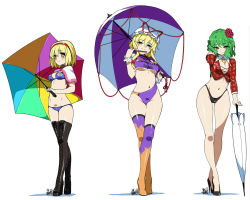 Rule 34 | 3girls, alice margatroid, alternate costume, asymmetrical legwear, bare legs, bikini, bikini bottom only, black panties, blonde hair, blue panties, blush, boots, breasts, capelet, cleavage, closed umbrella, contrapposto, cross-laced footwear, crossed legs, flower, green hair, grey eyes, groin, hair ornament, hairband, hand fan, hat, hat ribbon, high heels, highleg, highleg panties, hip focus, hyouju issei, kazami yuuka, knee boots, lace-up boots, large breasts, crossed legs, long sleeves, lowleg, lowleg panties, medium breasts, multiple girls, navel, panties, planted, planted umbrella, platform footwear, race queen, ribbon, rose, shoes, short hair, small breasts, smile, standing, stiletto heels, stitched, swimsuit, thigh boots, thighhighs, third-party edit, touhou, umbrella, underboob, underwear, uneven legwear, watson cross, white background, wide hips, wrist cuffs, yakumo yukari, yellow eyes