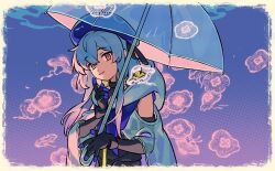 Rule 34 | 1boy, arknights, beret, black gloves, black shirt, blue gloves, blue hair, blue hat, border, clothing cutout, commentary request, dot nose, elbow gloves, favilia, gloves, gradient hair, hat, holding, holding umbrella, hood, jellyfish, looking at viewer, male focus, mizuki (arknights), multicolored hair, pink hair, poncho, shirt, shoulder cutout, smile, solo, two-tone gloves, umbrella, upper body, yellow eyes