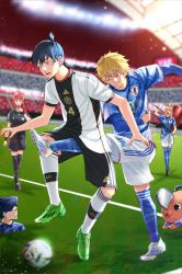 Rule 34 | 2022 fifa world cup, 2boys, absurdres, ball, beam (chainsaw man), black hair, black shirt, black shorts, blonde hair, blue eyes, blue shirt, blue socks, blurry, blurry background, braid, braided ponytail, chainsaw, chainsaw man, clenched teeth, crotch kick, denji (chainsaw man), detached sleeves, earrings, hair over one eye, hayakawa aki, highres, holding, holding whistle, horns, jewelry, kicking, layered sleeves, long hair, long sleeves, looking at another, looking down, makima (chainsaw man), meme, multiple boys, pink hair, pochita (chainsaw man), power (chainsaw man), red hair, red horns, referee, sharp teeth, shirt, shirt partially tucked in, short hair, short over long sleeves, short sleeves, shorts, sidelocks, smile, soccer, soccer ball, soccer field, soccer uniform, socks, sportswear, stud earrings, sweat, teeth, thighhighs, tokishima sikuka, topknot, whistle, white shorts, white soccer ball, world cup, wristband, yellow eyes