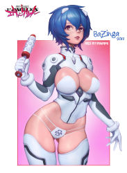Rule 34 | 1girl, 2017, adapted costume, artist name, ayanami rei, bazinga, blue hair, breasts, character name, cleavage, copyright name, dated, gluteal fold, highres, interface headset, neon genesis evangelion, plugsuit, revealing clothes, short hair, solo, thigh gap, thighhighs, thong