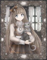 Rule 34 | 1girl, animal, blouse, blurry, bokeh, bow, cat, center frills, curtains, depth of field, dress, framed, framed image, frilled shirt, frills, grey cat, grey eyes, grey theme, hairband, high collar, holding, holding animal, holding cat, indoors, jewelry, lace, lace-trimmed dress, lace trim, light, light brown hair, light particles, lolita fashion, lolita hairband, long hair, looking at viewer, muted color, necklace, nyaaan, original, plaid, plaid bow, plaid dress, ring, see-through, shirt, signature, sleeve cuffs, smile, solo, solo focus, tassel, very long hair, window, windowsill