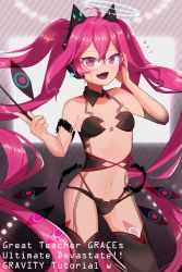 Rule 34 | 1girl, ahoge, bespectacled, bikini, black bikini, black collar, black thighhighs, blush, breasts, collar, evil eye (sound voltex), fake horns, fang, glasses, goma (u p), grace (sound voltex), hair between eyes, halo, hand on headphones, headphones, highres, holding, holding wand, horns, long hair, looking at viewer, midriff, navel, open mouth, pink eyes, pink hair, revealing clothes, simple background, small breasts, smile, solo, sound voltex, sound voltex iii gravity wars, stomach, strapless, strapless bikini, striped, striped background, swimsuit, thighhighs, tongue, twintails, very long hair, wand