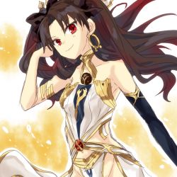 Rule 34 | 1girl, adjusting hair, armlet, bare arms, bare shoulders, black hair, black ribbon, clothing cutout, crown, earrings, elbow gloves, fate/grand order, fate (series), female focus, gem, gloves, hair ribbon, hoop earrings, ishtar (fate), jewelry, long hair, looking at viewer, naughty face, navel cutout, neck, neck ring, pelvic curtain, red eyes, revealing clothes, ribbon, shindoi, single elbow glove, single glove, smile, solo, strapless, tohsaka rin, two side up, type-moon