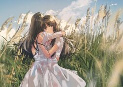 Rule 34 | 2girls, cloud, day, dress, field, fly (marguerite), grass, hand on another&#039;s shoulder, hand on another&#039;s waist, highres, hug, long hair, looking at viewer, multiple girls, original, outdoors, pinafore dress, sky, sleeveless, sleeveless dress, tall grass, third-party source, white dress, yuri