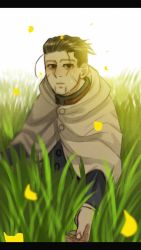 Rule 34 | 1boy, black eyes, black hair, cloak, crying, crying with eyes open, facial hair, facial scar, goatee, golden kamuy, grass, hair slicked back, hair strand, highres, hood, hooded cloak, male focus, ogata hyakunosuke, outstretched hand, petals, reaching, reaching towards viewer, ri (ri kaos21), scar, scar on cheek, scar on face, short hair, solo, stitches, stubble, sunlight, tears, tears from one eye, undercut, upper body