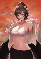Rule 34 | 1girl, absurdres, bare shoulders, black skirt, black wings, breasts, brown hair, chest sarashi, cleavage, collarbone, feathered wings, hat, highres, large breasts, navel, open clothes, open shirt, outdoors, pom pom (clothes), sarashi, shameimaru aya, shirt, short hair, skirt, solo, stomach, tokin hat, touhou, white shirt, wings, yagoro kusuriya