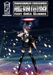 Rule 34 | 10s, 1girl, black thighhighs, checkered clothes, checkered necktie, checkered neckwear, comic, crossover, decepticon, eyepatch, fingerless gloves, gloves, glowing, headgear, holding, kamizono (spookyhouse), kantai collection, looking at viewer, machinery, mecha, necktie, partially fingerless gloves, purple hair, reflection, ripples, robot, school uniform, science fiction, short hair, skirt, solo, soundwave (transformers), sword, tenryuu (kancolle), thighhighs, torn clothes, torn thighhighs, transformers, transformers: generation 1, turret, uniform, weapon, yellow eyes