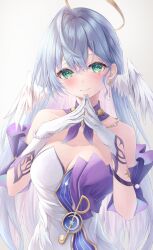 Rule 34 | 1girl, bare shoulders, blue hair, breasts, choker, cleavage, commentary, dress, gloves, green eyes, grey background, head wings, highres, honkai: star rail, honkai (series), long hair, looking at viewer, medium breasts, mizuasagi35181, off-shoulder dress, off shoulder, own hands together, purple choker, robin (honkai: star rail), short sleeves, simple background, solo, upper body, very long hair, white background, white dress, white gloves, wings
