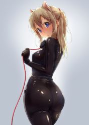 Rule 34 | 1girl, animal collar, animal ears, ass, black bodysuit, blonde hair, blue eyes, blush, bodysuit, collar, cowboy shot, fake animal ears, from behind, latex, latex suit, looking at viewer, looking back, original, ponytail, purinpu, shiny clothes, simple background, skin tight, solo, standing, sweat