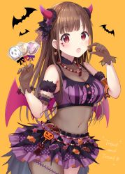 Rule 34 | 1girl, :o, bare shoulders, bat (animal), blush, bodystocking, breasts, brown gloves, brown hair, candy, cleavage, commentary request, cowboy shot, crop top, demon horns, fake horns, food, frilled skirt, frills, gloves, halloween, hands up, highres, holding, holding candy, holding food, holding lollipop, horns, idolmaster, idolmaster shiny colors, lollipop, long hair, looking at viewer, medium breasts, navel, open mouth, orange background, polka dot, polka dot skirt, purple skirt, red eyes, revision, see-through, simple background, skirt, sleeveless, solo, sonoda chiyoko, star (symbol), trick or treat, u rin, very long hair