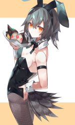 Rule 34 | 1girl, ahoge, animal ears, arknights, armlet, ass, bare shoulders, bird girl, bird tail, black leotard, black pantyhose, blush, bow, bowtie, breasts, brown hair, cake, character food, cleavage, detached collar, fake animal ears, feather hair, fishnet pantyhose, fishnets, food, hair between eyes, hand on own hip, holding, holding plate, leotard, looking at viewer, multicolored hair, orange eyes, originium slug (arknights), pantyhose, plate, playboy bunny, plume (arknights), rabbit ears, sasa onigiri, small breasts, solo, tail, two-tone background, two-tone hair, white background, white hair, wrist cuffs, yellow background