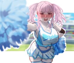 Rule 34 | 1girl, absurdres, alternate hairstyle, blunt bangs, blush, breasts, cheerleader, hh (hehexd06161704), highres, holding, hololive, hololive english, large breasts, long hair, looking at viewer, mori calliope, navel, open mouth, pink hair, pom pom (cheerleading), red eyes, solo, sweat, twintails, virtual youtuber