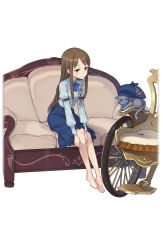 Rule 34 | 1girl, black cat, blue hat, blue skirt, brown eyes, brown hair, cat, couch, dressing, feet, full body, hat, highres, long hair, looking at viewer, no shoes, official art, on couch, pantyhose, princess principal, princess principal game of mission, shirley collins, sitting, skirt, smile, transparent background, unworn hat, unworn headwear, very long hair, watch, wheelchair