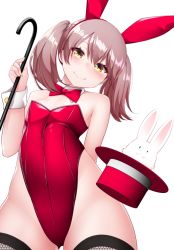 Rule 34 | 1girl, 1other, alternate costume, animal ears, bow, bowtie, brown eyes, brown hair, cane, cowboy shot, detached collar, fake animal ears, fishnet thighhighs, fishnets, flat chest, from below, gluteal fold, hat, head tilt, kantai collection, kirigakure (kirigakure tantei jimusho), leotard, long hair, looking at viewer, playboy bunny, rabbit, rabbit ears, rabbit tail, red hat, red leotard, red neckwear, ryuujou (kancolle), simple background, smile, strapless, strapless leotard, tail, thighhighs, top hat, twintails, unworn hat, unworn headwear, white background, wrist cuffs
