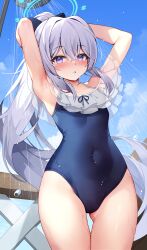 Rule 34 | 1girl, armpits, arms behind head, blue archive, blue halo, blue one-piece swimsuit, blue sky, blush, breasts, cloud, covered navel, day, grey hair, halo, highres, long hair, looking at viewer, miyako (blue archive), miyako (swimsuit) (blue archive), official alternate costume, one-piece swimsuit, outdoors, parted lips, pinki o64, purple eyes, shower head, sky, small breasts, solo, swimsuit, thighs, very long hair, wet