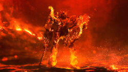 Rule 34 | absurdres, almazdjus, bad end, beam rifle, blurry, blurry background, burning, character request, copyright request, debris, destruction, energy gun, fire, glowing, glowing hot, gundam, highres, mecha, melting, mobile suit, lava, no humans, realistic, robot, science fiction, shield, volcano, weapon